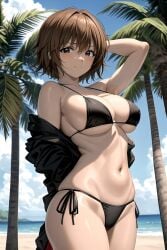 ai_generated arm_behind_head arm_up bare_shoulders beach bikini black_bikini black_jacket blue_sky breasts brown_eyes brown_hair cleavage closed_mouth cloud collarbone cowboy_shot day female jacket large_breasts looking_at_viewer mao_(reinou_tantei_miko) navel ocean off_shoulder outdoors palm_tree pixiv reinou_tantei_miko rena_aikawa_(pixiv_user) short_hair side-tie_bikini_bottom skindentation sky smile solo stable_diffusion stomach string_bikini swimsuit tagme thighs tree underboob