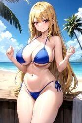 ai_generated bare_arms bare_shoulders beach bikini blonde_hair blue_bikini blue_sky blush breasts cleavage closed_mouth cloud collarbone cowboy_shot day female halterneck hands_up highleg ikusa_otome_valkyrie large_breasts leia_(ikusa_otome_valkyrie) long_hair looking_at_viewer mole mole_on_breast navel ocean outdoors palm_tree pixiv red_eyes rena_aikawa_(pixiv_user) side-tie_bikini_bottom sideboob sky smile solo stable_diffusion stomach string_bikini swimsuit tagme thighs tree very_long_hair water