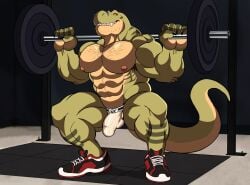 anthro balls bara barazoku bulge darknaigart dinosaur flaccid jace_(darknaig) jockstrap jockstrap_only male male_only muscles muscular penis scalie solo solo_male tyrannosaurus_rex weightlifting