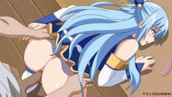 1boy 1girls animated aqua_(konosuba) ass blue_hair condom condom_removal doggy_style edited female kono_subarashii_sekai_ni_shukufuku_wo! male no_condom ocarinaotw partial_male sex vaginal_penetration