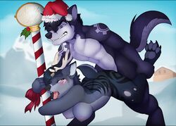 animated anthro blush breasts canine christmas female fox from_behind fur furry hanging_breasts hat holidays jasonafex kabier leg_grab male nipples north_pole nude paws santa_hat sex snow standing straight tongue tongue_out winter wolf