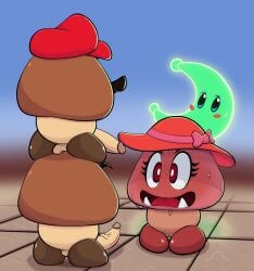 1girls 2boys balls black_eyebrows black_facial_hair black_mustache blush blush_lines bodily_fluids brown_body brown_clothing brown_footwear brown_shoes clothing eyebrows eyelashes facial_hair fangs female footwear four-pundo genitals goomba goombette_(super_mario_odyssey) group hat headgear headwear hi_res humanoid_genitalia humanoid_penis innie_pussy male male/female mario mario_(series) moon moustache nintendo penis penis_awe pink_body pink_clothing pink_footwear pink_hat pink_headwear pink_shoes pink_tongue pupils pussy rear_view red_clothing red_eyes red_hat red_headwear saliva shoes super_mario_odyssey sweat sweatdrop tan_body teeth tongue trio white_pupils