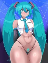 abs arms_behind_back artist_name artist_signature belly belly_button black_panties blue_eyes blue_hair blush crop_top english_text exposed_shoulders female female_only glowing_tattoo hands_behind_back hatsune_miku long_hair looking_at_viewer majimagaming1 outline panties ponytail robot robot_girl seductive seductive_look simple_background sleeveless sleeveless_shirt smile smiling solo sweat sweatdrop sweating tattoo text thick_thighs tie topwear tummy twintails usb vocaloid white_topwear wide_hips