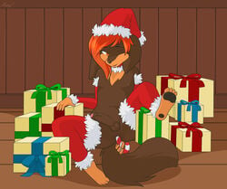 anal anal_insertion anal_sex anthro arm_warmers balls brown_fur canine christmas erection fur furry gift girly glans gordon_setter hair hat helsy holidays insertion leg_warmers male male_only one_eye_closed open_mouth orange_eyes orange_hair penetration penis presents ribbons santa_hat solo uncut