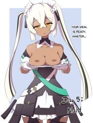 1girls breasts breasts_on_tray breasts_out dark_skin empty_eyes english_text etlabsotwe female gloves maid maid_headdress marianne_(world_flipper) text twintails white_hair world_flipper