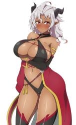 1girls blush breasts combatants_will_be_dispatched! demon demon_girl female female_focus female_only heine_of_the_flames hi_res highres holding_breast horns large_breasts pointy_ears red_eyes white_hair