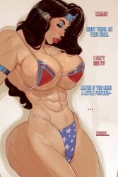 1girl 1girls absolute_wonder_woman big_breasts bikini black_hair breasts character_name dc dc_comics english_text female female_focus female_only lipstick long_hair meinfischer muscular muscular_female pubic_hair wonder_woman wonder_woman_(series)