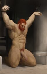 1boy a0secret abs absurdres armpit_hair armpits arms_up bara beard bound bound_arms chest_hair closed_eyes completely_nude erection facial_hair fate/grand_order fate/zero fate_(series) full_beard full_body hairy highres indoors iskandar_(fate) large_penis leg_hair male_focus male_pubic_hair mature_male muscular muscular_male navel_hair nude pectorals penis pubic_hair red_hair restrained short_hair solo strongman_waist testicles uncensored