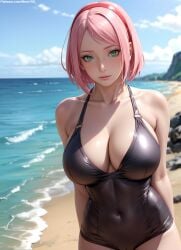 1girls 2d ai_generated athletic athletic_female beach big_ass big_breasts boruto:_naruto_next_generations chest cleavage curvy curvy_figure cute cute_face detailed eyelashes eyeshadow female female_only fit fit_female focus green_eyes high_quality huge_breasts large_breasts legs light-skinned_female light_skin lips lipstick long_hair looking_at_viewer makeup mascara mature medium_breasts midriff naruto naruto_(series) nero100 one-piece_swimsuit pale-skinned_female pale_skin pink_hair posing sagging_breasts sakura_haruno seductive seductive_look stable_diffusion swimsuit swimwear tagme thighs wide_hips