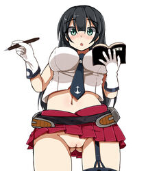 black_hair blue_eyes blush breasts comord erect_nipples female female gloves kantai_collection long_hair navel no_panties pussy solo standing uncensored