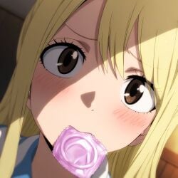 ai_generated blonde_hair blush brown_eyes clothing condom condom_in_mouth condom_wrapper condom_wrapper_in_mouth fairy_tail long_hair lucy_heartfilia