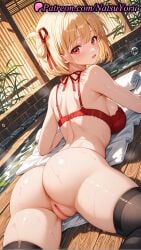 1girls 2025 ai_generated anus ass back bangs black_thighhighs blonde_hair blush bottomless bra breasts chisato_nishikigi clothing from_behind hair_ribbon hi_res highres large_breasts looking_at_viewer looking_back lycoris_recoil lying natsuyoru on_stomach open_mouth oshiri patreon pussy red_bra red_eyes red_ribbon ribbon short_hair smile solo thighhighs thighs uncensored underwear vagina voluptuous voluptuous_female wet