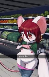 absurd_res albino anthro bell_pepper blush choker clothed clothing clothing_lift ear_piercing female flashing food genitals hair hi_res jewelry leek looking_at_viewer mammal mouse murid murine necklace nipples panties panties_down partially_clothed piercing png public red_eyes red_hair rodent selfie shirt shirt_lift solo supermarket text topwear underwear underwear_down undressing vaithun vulva white_body