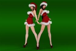 1girls 2girls 3d 3d_model 3d_render aerith_gainsborough belt belt_around_waist big_breasts black_hair brown_hair christmas christmas_clothing christmas_dress christmas_outfit final_fantasy final_fantasy_vii final_fantasy_vii_rebirth final_fantasy_vii_remake fishnet_legwear fishnets green_background green_eyes high_heels highres long_hair looking_at_viewer oh3d painted_nails posing posing_for_the_viewer red_eyes red_fingernails red_high_heels santa_hat short_skirt simple_background slushe_(website) small_breasts tifa_lockhart