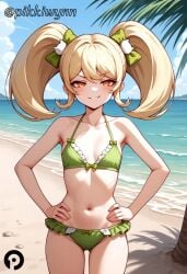 1girls ai_generated beach beach_background bikini blonde_hair bratty cocky cocky_grin cocky_smile danganronpa danganronpa_2:_goodbye_despair danganronpa_s:_ultimate_summer_camp female_only green_bikini pikkiwynn ponytail saionji_hiyoko shortstack smile smiling smiling_at_viewer standing tagme twin_drills twintails