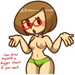 0_0 1girls black_eyes blush blush_stickers boyshort_panties breasts brown_hair collarbone cowboy_shot cropped_legs english_text female_focus glasses green_panties hands_up looking_at_viewer navel nikki_(swapnote) nintendo nipples open_mouth panties red-framed_eyewear shiny_skin short_hair shrugging sidelocks simple_background small_breasts solo standing stomach swapnote swept_bangs talking thick_thighs thighs topless underwear underwear_only vilepluff white_background wide_hips