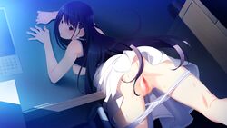 2011 8bit_(studio) black_hair blush breasts champion_red_ichigo clothing dutch_angle frontwing game_cg grisaia_(series) grisaia_no_kajitsu long_hair nipples official_art panties purple_eyes pussy sakaki_yumiko skirt uncensored underwear watanabe_akio