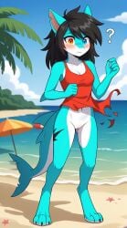 1girls 2025 ai_generated anthro beach black_hair blue_body blue_eyes blushing cleavage confused digitigrade exposed_pussy heterochromia hi_res innie_pussy long_hair looking_down orange_eyes outdoors pussy question_mark ripped_clothing seaside shark spiky_hair swimsuit wardrobe_malfunction white_body