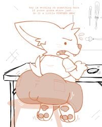 2024 anthro ass balls_outline big_butt bottomwear bulge canid canine clothing desk detailed_bulge dialogue digital_media_(artwork) fennec_fox fox furniture genital_outline hi_res jolt_(pawplants) looking_at_viewer male mammal motion_lines open_mouth overweight overweight_anthro overweight_male pants pawplants paws screwdriver shirt solo stool table tail talking_to_viewer teeth tight_bottomwear tight_clothing tight_pants tools topwear translucent true_fox whiskers