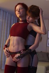 2boys 2femboys 3d 3d_background 3d_model 3d_render 3dcg 3dx bulge bulge_rubbing bulge_through_clothing choker cum_drip cum_on_panties earrings femboy_on_femboy freckled_skin freckles freckles_on_chest freckles_on_face freckles_on_shoulders garter_belt garter_straps jessie_(skykliker) lingerie nail_polish panties panties_bulge pierced_belly_button pierced_nose piercing redhead skykliker stockings thighhighs topwear valerie_(skykliker)