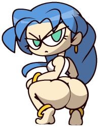 1girls alternate_version_available anklet annoyed aqua_eyes ass bangle bare_shoulders barefoot blue_hair bottomless bracelet closed_mouth earrings female_focus from_behind full_body green_eyes hair_intakes half-closed_eyes jaggy_lines jewelry long_hair looking_at_viewer looking_back parted_bangs puyo_puyo rulue sega shirt simple_background sleeveless sleeveless_shirt solo squatting v-shaped_eyebrows vilepluff white_background white_shirt