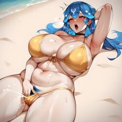 1girls ai_generated armpits bao_(vtuber) beach bikini black_choker blue_hair blue_pubic_hair blush breasts choker chubby_female cumming_from_masturbation earrings eogard_orc female_masturbation fingering fingering_under_clothes floating_heart gold_swimsuit hand_under_swimsuit huge_breasts indie_virtual_youtuber laying_on_back laying_on_sand masturbation ocean on_back one_hand_behind_head open_mouth orgasm orgasm_face plump pubic_hair pussy_ejaculation red_eyes self_upload solo squirting stable_diffusion sweat twitch virtual_youtuber vtuber vtuberfanart