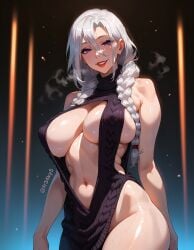 ai_generated cleavage fr34ky huge_breasts jujutsu_kaisen mature_female mei_mei_(jujutsu_kaisen) virgin_killer_sweater white_hair