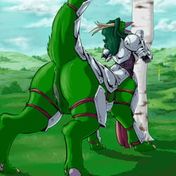 against_tree anus armor ass ass_up beak color day female fur furry grass green_fur green_hair hair horn leaning leaning_forward multi_eye outdoors presenting presenting_hindquarters pussy pussy_juice queblock raised_tail sky solo taur tomias tree