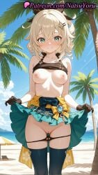 1girls ai_generated anime anime_style aqua_skirt asian ass_visible_through_thighs bangs bare_shoulders beach black_bow black_gloves black_panties black_shirt black_tank_top black_thighhighs blonde_hair blue_skirt blue_sky blush bow bow_skirt breasts breasts_apart brown_gloves bust busty cleft_of_venus closed_mouth clothes_lift cloud collarbone cowboy_shot crossed_bangs day double-parted_bangs drill_hair exhibitionism feet_out_of_frame female female_focus female_only genshin_impact gloves green_eyes green_skirt hair_between_eyes hair_ornament hairbow hairclip heart hentai hi_res high_quality high_resolution highres kirara_(genshin_impact) labia lifted_by_self long_hair looking_at_viewer medium_breasts medium_hair miniskirt natsuyoru nipples nipples_outside ocean outdoors paipan palm_tree panties pantsu panty_pull patreon ponytail public_indecency pussy pussy_juice shirt shirt_lift sidelocks skindentation skirt skirt_lift sky sleeveless sleeveless_shirt smile solo solo_female standing star_(symbol) star_hair_ornament sunlight swimsuit tank_top thighhighs thighs tree uncensored underwear vagina voluptuous voluptuous_female