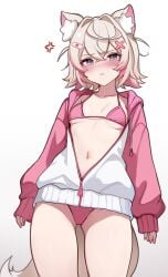 anger_vein angry collarbone hololive koahri micro_bikini midriff mococo_abyssgard navel open_clothes open_jacket pink_bikini pissed_off small_breasts track_jacket virtual_youtuber