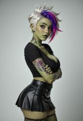 1girls ai_generated green_skin jokerofhearts leather leather_clothing leather_skirt multicolored_hair orc orc_female skirt solo sparrow_(artist) vem white_hair