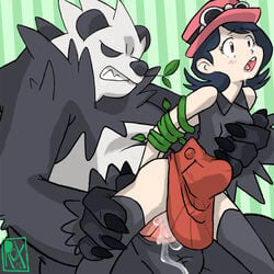 1boy 1girls arms_behind_back balls blush bound clenched_teeth crying cum cum_in_pussy cum_inside drooling duo erection female female_human femsub hat human human_on_anthro interspecies male male/female male_pangoro male_pokemon male_pokemon/female_human maledom nintendo panda pangoro penetration penis pokemon rape saliva sex size_difference skirt stockings stomach_bulge straight tears vaginal_penetration video_games vines wildroxann