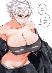 1girls abs bursting_breasts camouflage camouflage_pants cleavage duplicate huge_breasts inconvenient_breasts maneemuk_(nesz) nesz original red_eyes scar scar_on_face torn_clothes tubetop undressing white_hair