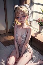 ai_generated at bare between breasts,blue breasts,solo,window, bun,sitting,small eyes,collarbone,dated,day,hand hair,small legs,gold legs,indoors,lips,looking shoulders,between viewer,nipples,nose,see-through,hair