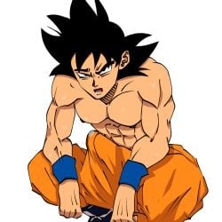 ahe_gao boner bulge crouching dragon_ball dragon_ball_z drooling gay goku muscular restrained son_goku sweat