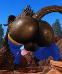 anthro anus ass backsack balls big_balls big_butt big_penis brand clothing deathclaw enclaw_(willie_piv) erection fallout genitals hi_res horn legwear male microsoft outside penis puffy_anus scalie solo tail thigh_highs willie_piv