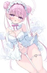 angel angel_wings babydoll double_bun half-closed_eyes hands_on_breasts headdress large_breasts mikaze_oto neoteny pink_hair purple_eyes seductive seductive_look seductive_smile shortstack skirt_lift thigh_strap thighs white_babydoll