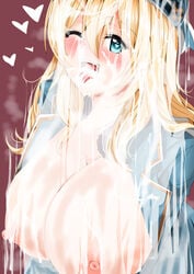 atago_(kantai_collection) blonde_hair blush breasts breasts_out bukkake cum cum_all_over cum_covered cum_everywhere cum_on_breasts cum_on_upper_body excessive_cum exposed_breasts facial female huge_breasts kantai_collection marukome01 tongue tongue_out wink