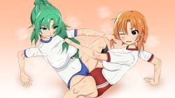 2girls bernhardlescat bite_mark bloomers catfight crying green_eyes hair_pulling higurashi_no_naku_koro_ni large_breasts lesbian lesbians mion_sonozaki orange_hair ryuuguu_rena scratch_marks spread_legs tears tribadism yuri