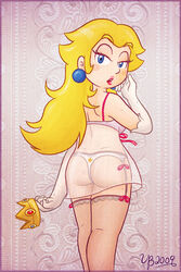 1girls 2009 ass back back_view backboob blonde_hair blue_eyes blush bra color crown earrings elbow_gloves female female_only garter_belt gloves half-closed_eyes human lingerie lips lipstick long_hair looking_at_viewer looking_back mario_(series) nintendo open_mouth panties pink_background princess_peach see-through solo stockings thebourgyman thick thick_eyebrows thick_thighs thighhighs thighs wide_hips