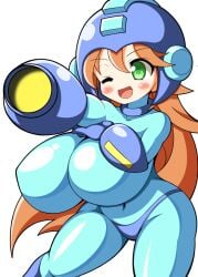 1girls blush bodysuit breasts brown_hair green_eyes huge_breasts long_hair mega_man mega_man(classic) mega_man_(character) miteinano one_eye_closed roco_(sulfer-kokegitsune) rule_63 skin_tight smile standing white_background wide_hips