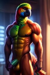 ai_generated balls ballsack beak erect_penis feathers multicolored_body muscles muscular muscular_male naked naked_male nude nude_male solo solo_male tail