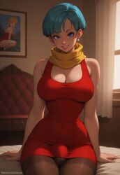 1futa 1futanari ai_generated ass big_ass big_breasts big_butt big_hips big_penis blue_eyes blue_hair bob_cut breasts bulge bulge_through_clothing bulma_briefs bulma_briefs cleavage clothed clothing dick dickgirl dragon_ball dragon_ball_super dragon_ball_z dress eyebrows eyelashes futa_only futanari grin grinning grinning_at_viewer hair hands-free huge_cock indoors lips long_hair looking_at_viewer makeup medium_hair narrow_waist narrowed_eyes nose pantyhose penis red_dress scarf seducing seductive seductive_eyes seductive_gaze seductive_look seductive_mouth seductive_pose seductive_smile short_hair sitting smile smile_at_viewer smiley_face smooth_balls smooth_penis smooth_skin solo solo_dickgirl solo_focus solo_futa solo_futanari testicles velonix yellow_scarf