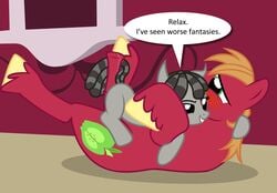 2013 ass badumsquish big_macintosh_(mlp) blonde_hair cutie_mark dialog english_text female feral friendship_is_magic fur green_eyes grey_fur hair heterochromia horsecock lying male my_little_pony on_back penis precum queen_chrysalis_(mlp) red_fur smartypants_(mlp) tailjob text two_tone_hair