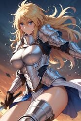 ai_generated armor bangs blonde_hair blue_eyes breasts closed_mouth female gauntlets hair_between_eyes holding holding_sword holding_weapon large_breasts leotard long_hair looking_at_viewer nakuta outdoors paradise parallel sky solo sword thighs weapon ナクタ