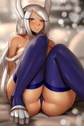 animal_ears artist_name ass bare_shoulders blurry blurry_background blush bokeh boku_no_hero_academia breasts cameltoe collarbone curvy dark-skinned_female dark_skin depth_of_field female highres huge_ass knees_up large_breasts long_eyelashes long_hair looking_at_viewer mirko panties parted_bangs parted_lips purple_panties purple_thighhighs rabbit_ears rabbit_girl red_eyes rovintus sitting smile solo strap_slip sweat tank_top thick_thighs thighhighs thighs toned toned_female underwear very_long_hair white_hair white_tank_top wide_hips