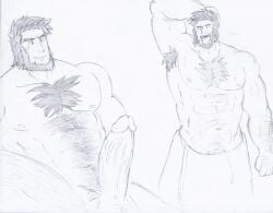 armpit armpit_hair balls bara beard big_penis body_hair boner bulge erection facial_hair fire_emblem flaccid hand_behind_head male male_only monochrome muscles muscular nintendo nude penis solo solo_male tongue_out towel towel_around_waist tugfx8 wolff_(fire_emblem)