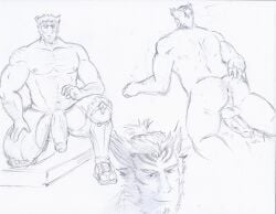 ass balls bara beard big_penis facial_hair flaccid fugen_(monster_hunter_rise) male male_only monochrome monster_hunter monster_hunter_rise muscles muscular nude penis solo solo_male tugfx8