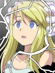 blonde_hair blue_eyes electricity empty_eyes fullmetal_alchemist gloves hitsugi_mc long_hair mind_control open_mouth winry_rockbell