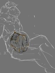 2018 anthro ass balls belly big_belly closed_eyes duo erection feet felid genitals hi_res internal jeri_kleinlowe larger_pred lion male male_pred male_prey mammal nude_male pantherine penis simple_background sitting size_difference vore